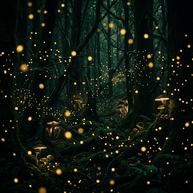 Glowing golden spores in a mystical dark forest